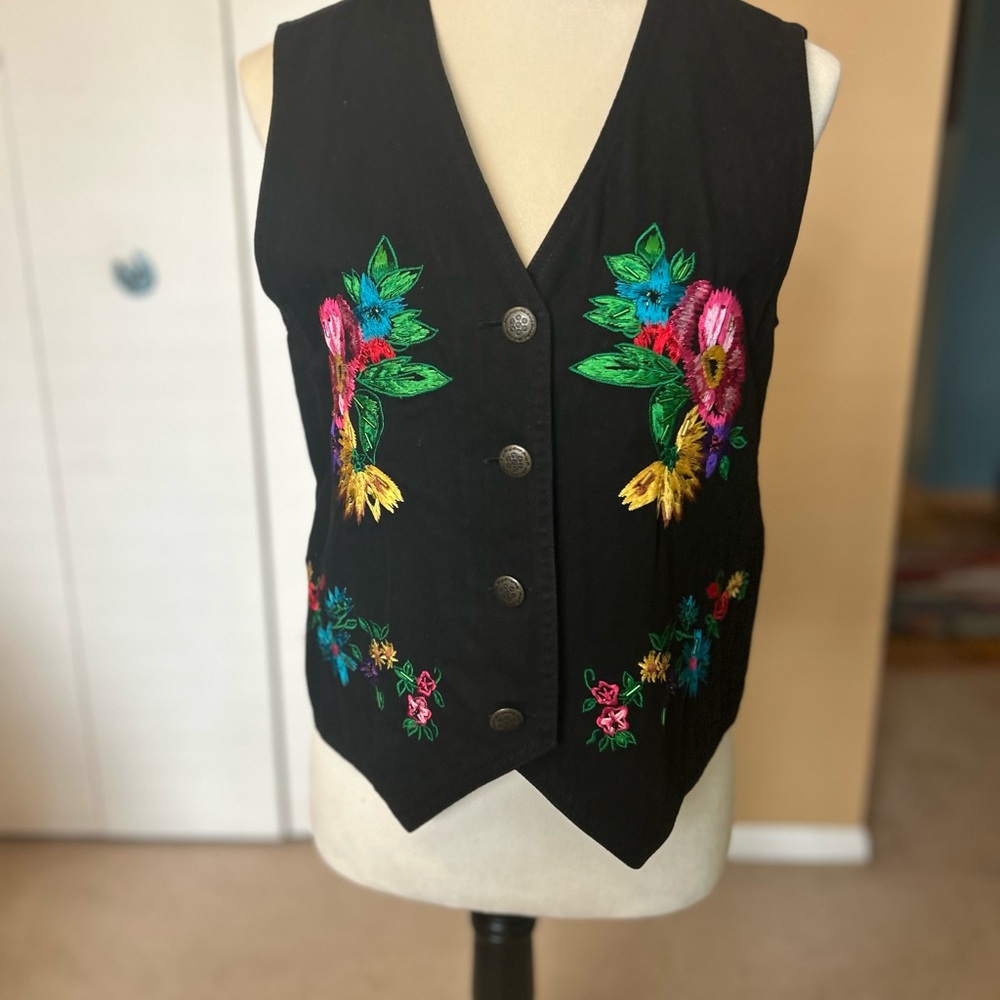 Embroidered Black Vest with Floral Design